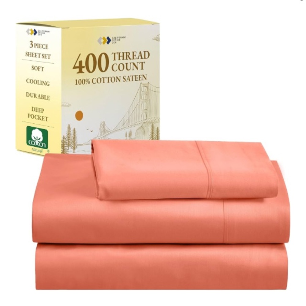 NEW IN BOX, Luxurious Peach-Pink 100% Cotton Twin Sheet Set, 400 Thread Count